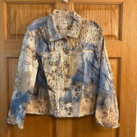Christopher & Banks Women’s Denim Jean Jacket Large Beige Cheetah Print Abstract - Picture 1 of 4